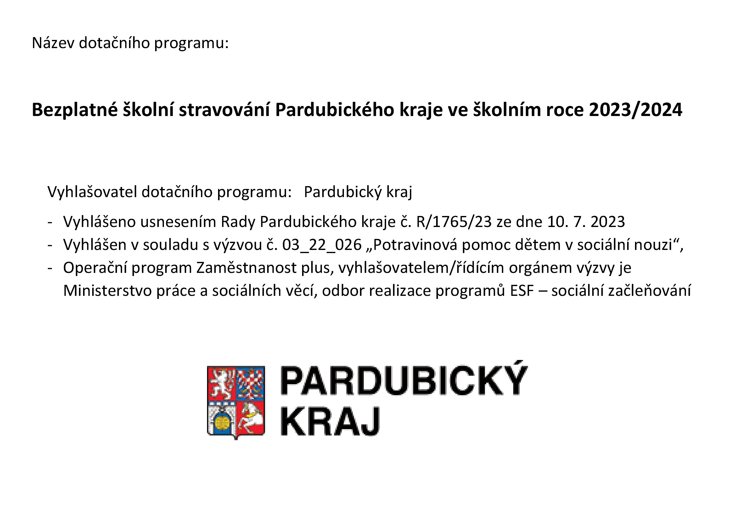 Dotační program Bezplatné školní stravování Pardubického kraje